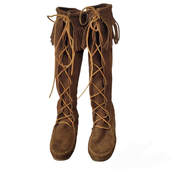 Minnetonka Shoes - Minnetonka knee high brown mocassins with fringe size 7